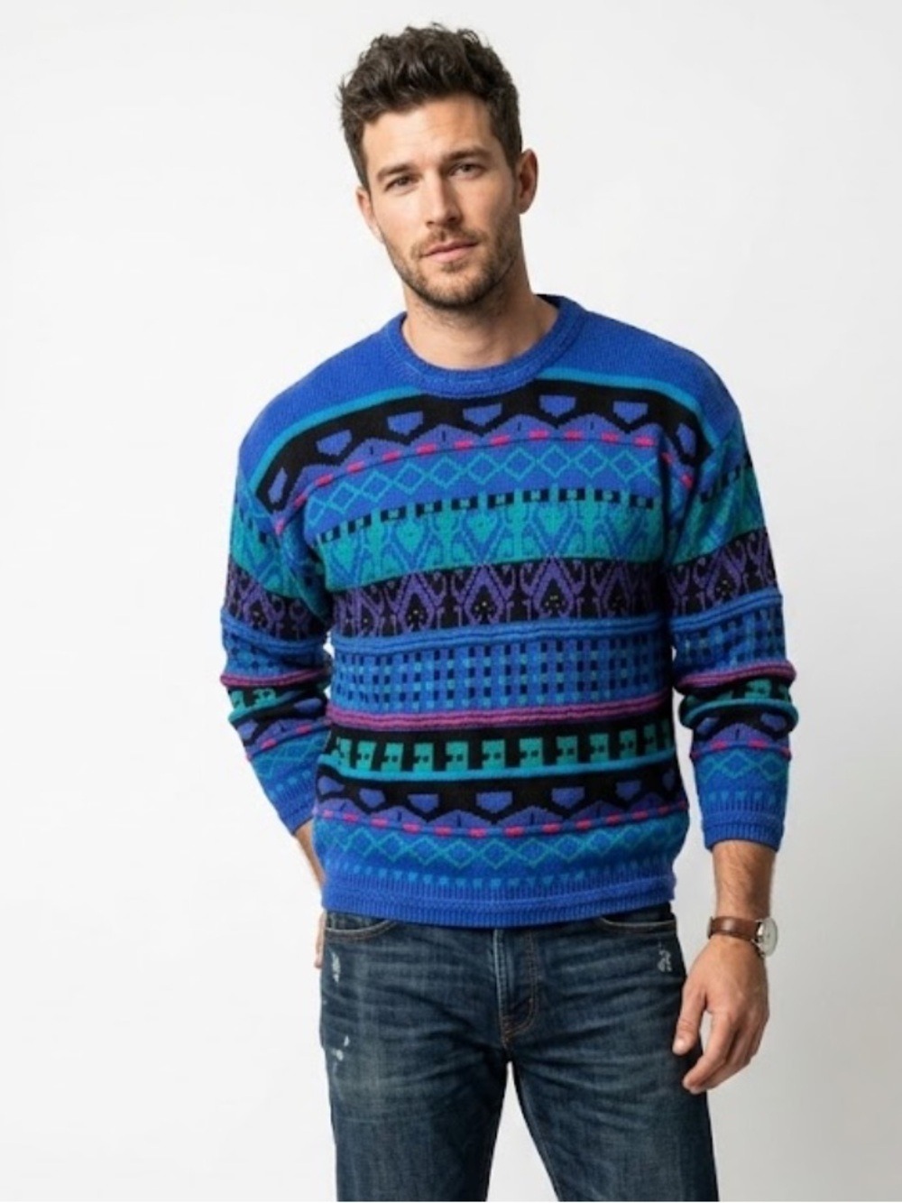 Vintage 90s Concrete Mix Blue Geometric Coogi Style Chunky Sweater - Size Large